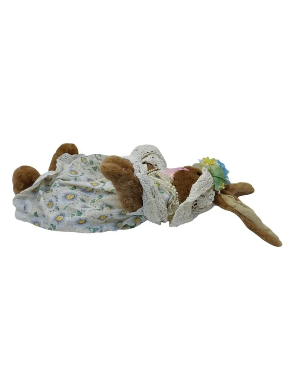 Rabbit Bunny Brown Doll Floral Hat & Dresses Necklace Farmhouse Decor Easter 15